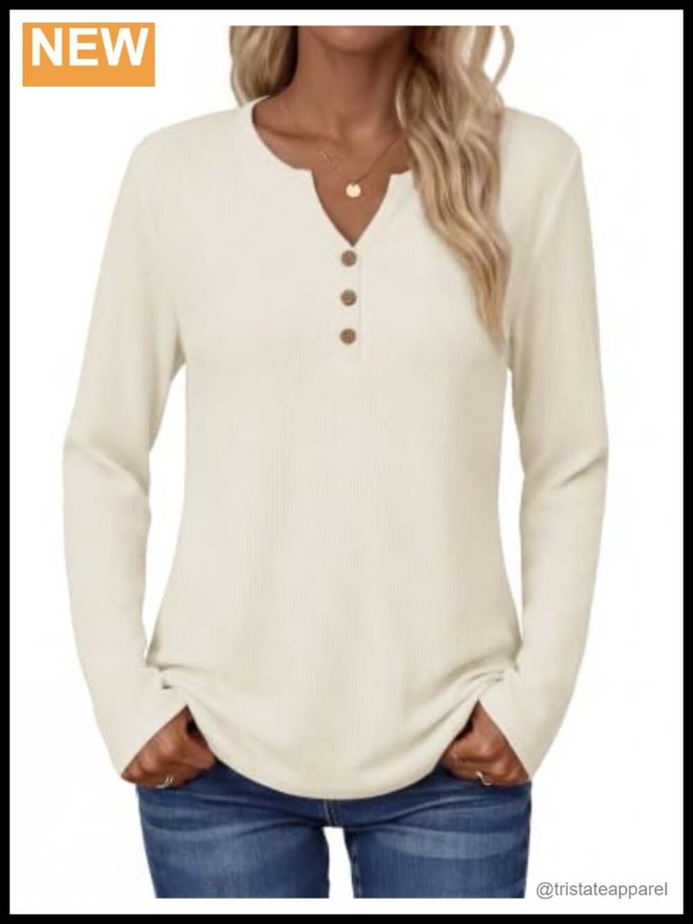 Waffle Knit Long Sleeve V-Neck Tunic Top Henley Button Casual Fall Winter